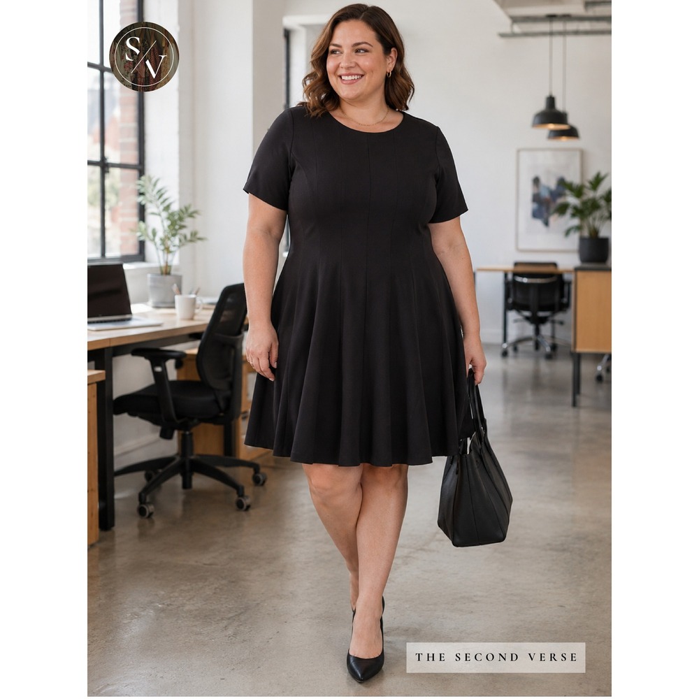 Lands' End Womens Black Ponte Fit and Flare Short Sleeve Dress Size 18W